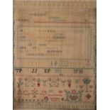 Early 19th century sampler by Jane Patterson of Bathgate aged 12 dated 1808.