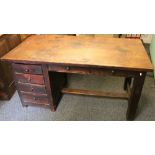 American Arts & Crafts mission style oak desk with arrangement of six drawers, pegged mortice