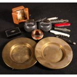 Collection of curiosities, including a pair of curling stone paper weights, snuff box,