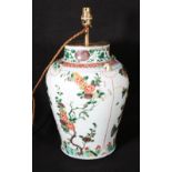 Chinese famille verte baluster jar with faux mask handles as a lamp base,