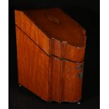 George III serpentine rosewood cross banded satinwood knife box, with original interior, raised on
