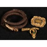 Victorian memorial gilt metal hair bracelet, the serpent terminal set with cabochon garnets;