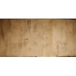 Long landscape sumi-e sketch painting in black ink depicting figures in various poses,
