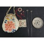 Chinese embroidered purse, carved ivory puzzle, 19th century bronze small mirror with relief