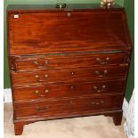 George III line inlaid mahogany bureau with fall front above four drawers on bracket feet,
