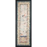 Chinese late 19th century embroidered panels depicting birds in a river landscape,