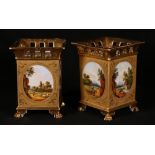 Pair of Continental gilt porcelain vases decorated with rustic scenes CONDITION REPORT: Gilt