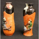 Two Sumida Gawa vases of ribbed slender form with pinched waist,