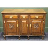 19th century French carved oak dresser base with plank top, fitted three drawers and two cupboards,