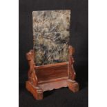 Early 20th century Chinese table screen with rectangular soapstone panel carved in relief with