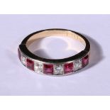 18ct gold and platinum diamond and ruby half eternity ring with round brillant diamond and square