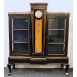 Victorian gilt brass ebonised satinwood credenza with red marble top, inset porcelain panel on later