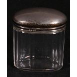 Victorian oval and silver topped glass toilet jar, with hinged cover engraved with` palm tree crest,