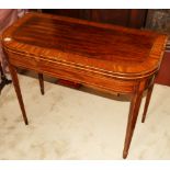 Regency D shaped satinwood cross-banded card table with rosewood and line inlay on slender collared