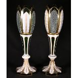 19th century pair of Bohemian gilt overlaid glass vases of slender form with lappet ring and