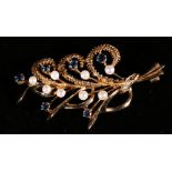 9ct gold sapphire and pearl leaf brooch