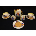 Clarice Cliff Newport pottery Bizarre range crocus pattern tete a tete part breakfast set comprising