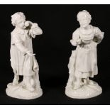 Pair of Naples porcelain blanc de chine figures, blue crown marks,