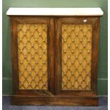 Regency brass and rosewood pier cabinet with white marble top and brass floral grills to the two