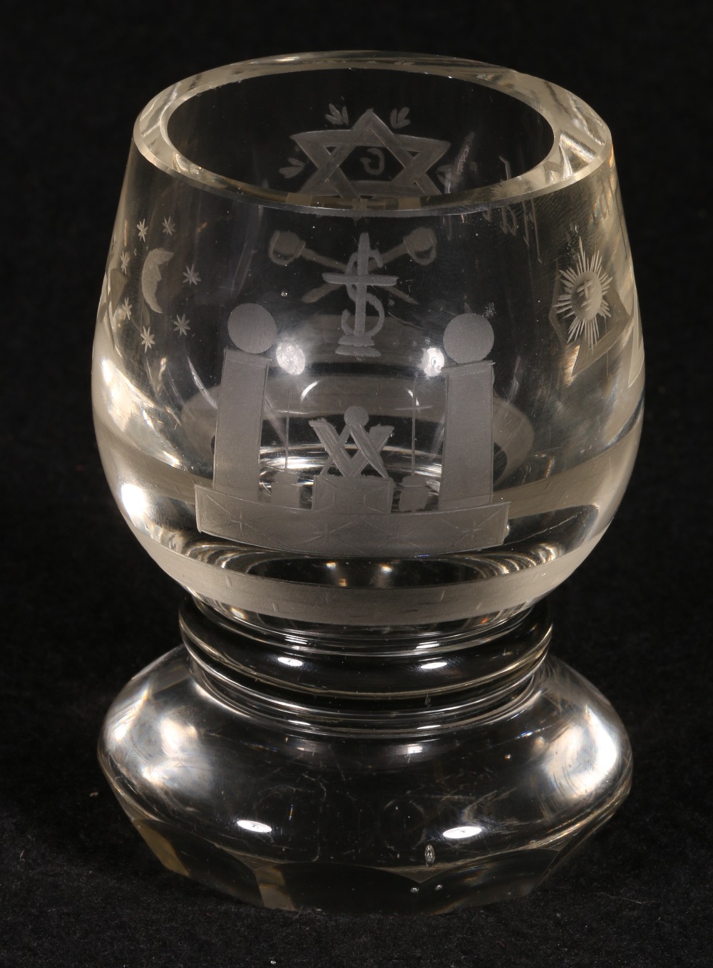 Victorian Masonic firing glass engraved with Masonic symbols and inscribed "Fiat" on a facet cut