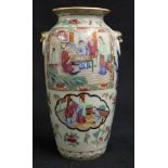 19th century Chinese Canton famille rose high shouldered vase, the celedon ground decorated  with