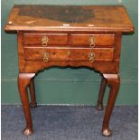 18th century lowboy with rectangular moulded edge top over an arrangement of three drawers raised