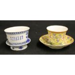 Chinese blue and white bowl and stand, four character and a yellow ground tea bowl and saucer