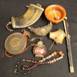 Chinese eating set in a brass bound shagreen holder, a Tibetan decorated crescent shaped snuff mull,