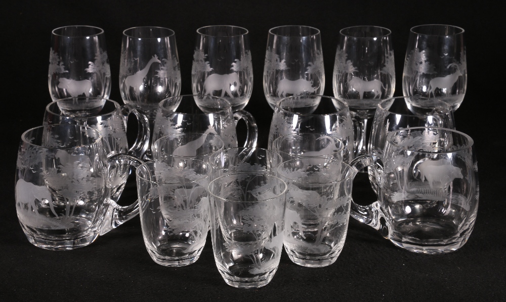 20th century seventeen piece suite of drinking glasses engraved with African animals comprising six