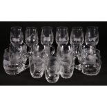 20th century seventeen piece suite of drinking glasses engraved with African animals comprising six