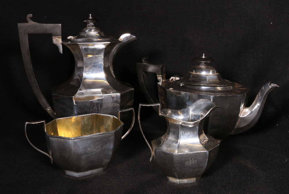 Silver four piece teaset of octagonal form, comprising a teapot,