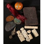 A group of Chinese coins, a cloisonne panel and two Buddha bases, an Indian painted wood ball from