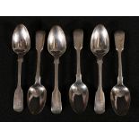 Set of six Victorian silver fiddle pattern teaspoons, maker T W, London, 1867,