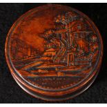 19th century French circular pressed wood snuff box, inscribed "Environs de Lac de Geneve", 8.5cm