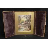 Japanese 19th century silk threadwork picture depicting a pavillion in a wooded setting,