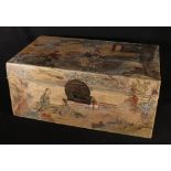 Chinese painted hide covered box with brass Chinese lock,