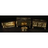 Five Victorian brass boxes including a commemorative Nelson snuff box, 7cm dia.