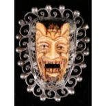 20th century Japanese bone and white metal Noh theatre mask brooch