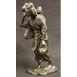 Japanese bronze model of a woman with a child on her back,