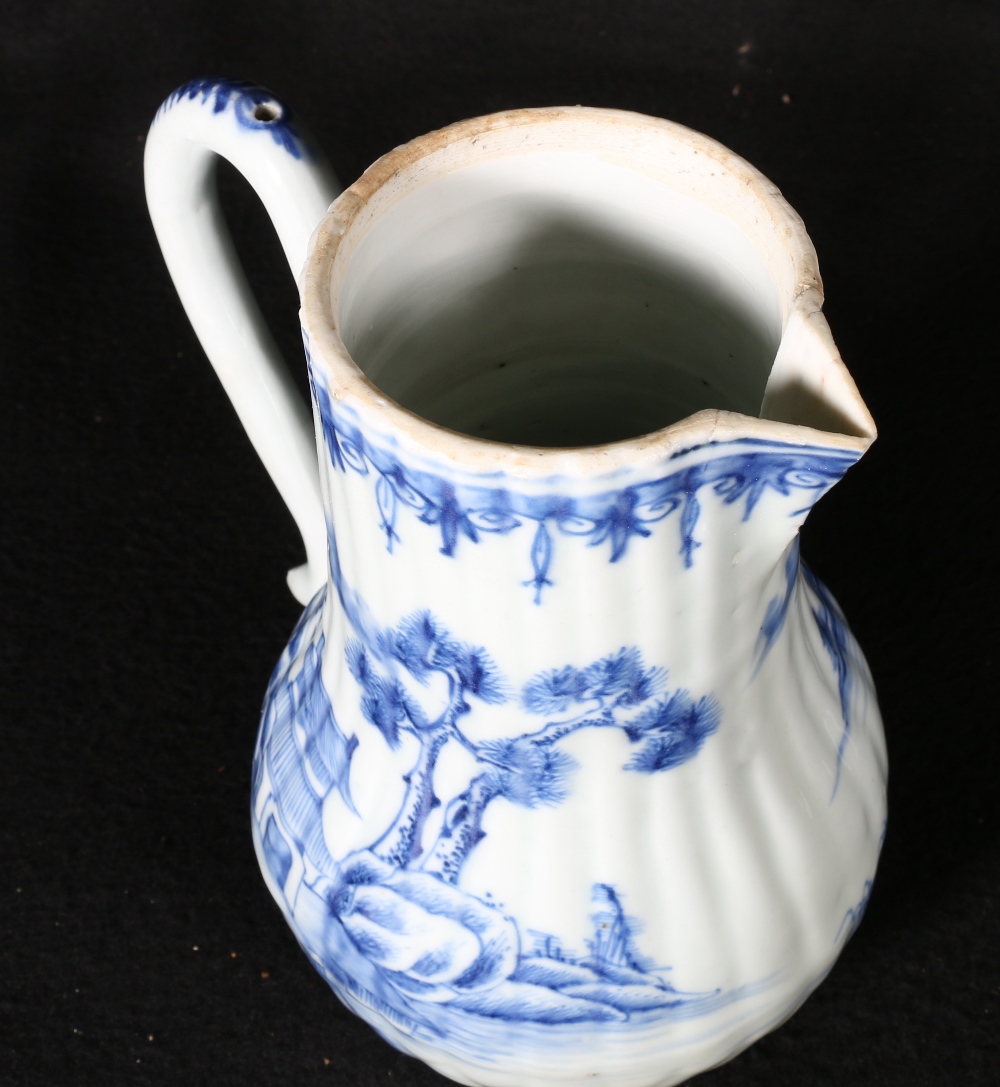 19th century Chinese blue and white jug with scroll handle and ribbed body decorated with a - Image 2 of 3