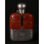 Edwardian silver and leather hip flask with hinged bayonet cup and detachable silver cup, Maker John