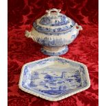 19th century blue and white English tureen and cover of Bosphorus pattern and various other stands.