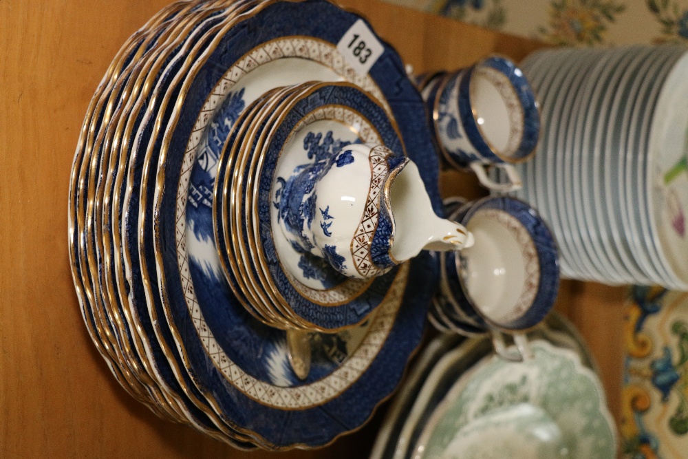 Group of Booth's Real Old Willow pattern dishes and ware comprising nine plates, six saucers,