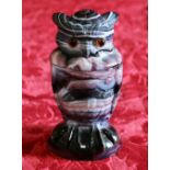 Novelty owl slag glass, purple pressed agate jar and cover, marked with impressed G  CONDITION