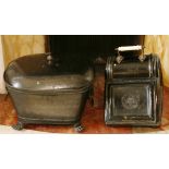 Painted steel coal bucket with lion ring handles and a toleware purdonium (2)