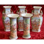 Garniture of five matching famille rose style porcelain vases, late 20th century,