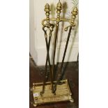 20th century brass fire companion set with three irons