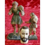 Italian painted pine head of a bearded man, 14cm, together with two painted gesso nativity figures,