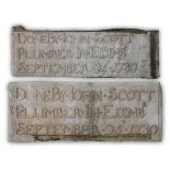 Pair of lead plaques with relief inscription "Done by John Scott Plumber in Edinburgh, September 25,