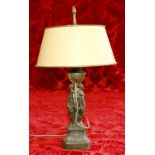 Gilt metal table lamp with Three Graces column support, 50cm in total.